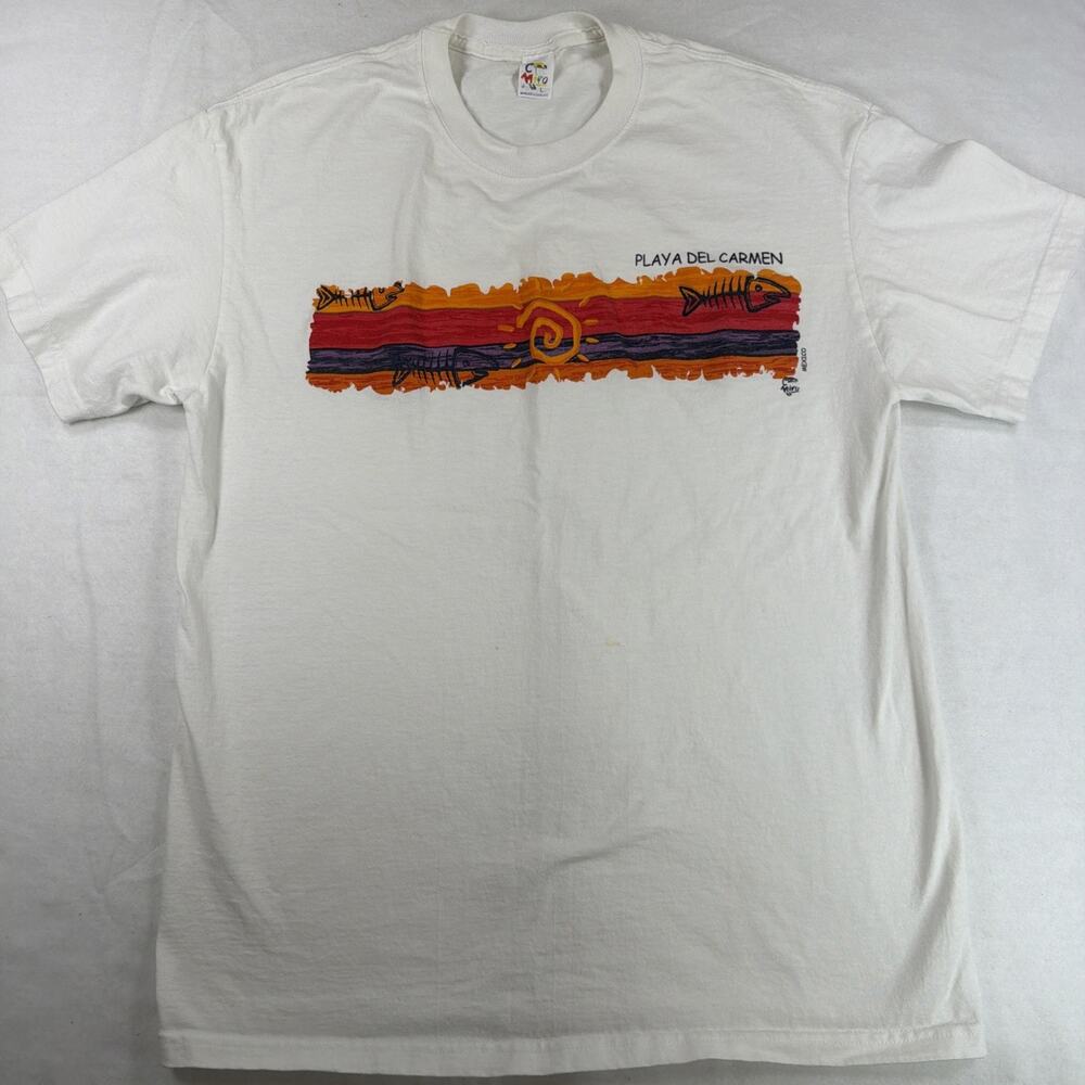 Vtg Y2K Miro Playa del Carmen Mexico T Shirt Large Fish Bone Graphic Sunset